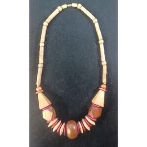 1980's Wooden Necklace Pink Beige Brown Unique Retro Vintage Beautiful